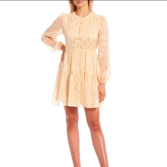 Easter Peach Cream Long Sheer Sleeve Foiled Button Front Tiered A-Line Dress - Picture 1 of 8